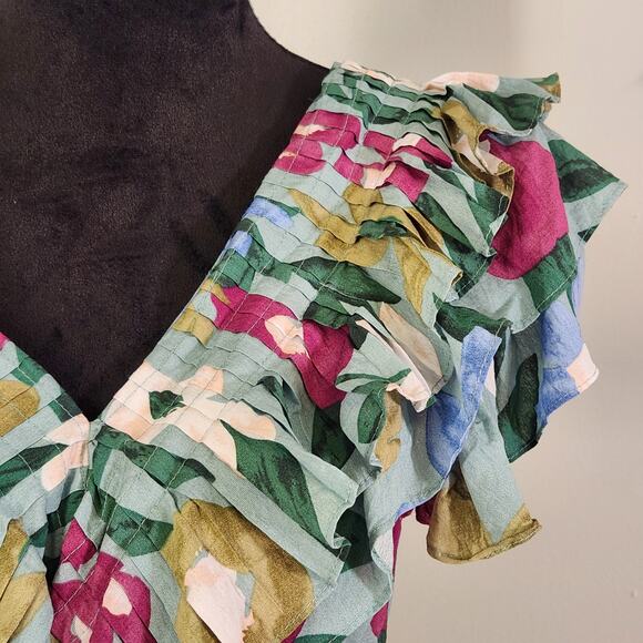 ENTRO Floral Peplum Top with Ruffled Sleeves, Size Medium - Picture 5 of 10